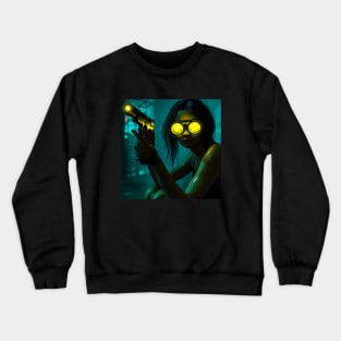 Futuristic portrait of a woman with yellow glasses and a gun Crewneck Sweatshirt